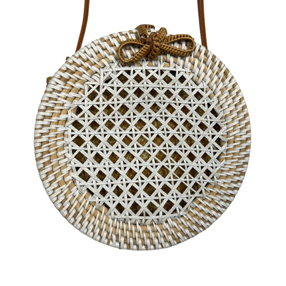 Anthropologie White Woven Round Crossbody with Tan Strap - Picture 3 of 9